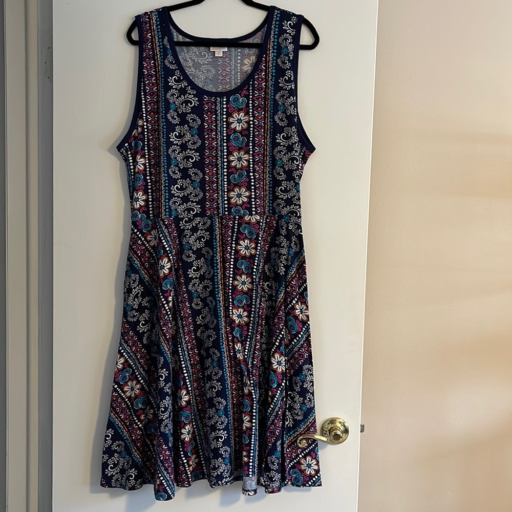 LuLaRoe Navy Floral Midi Dress with Teal and Magenta Accents